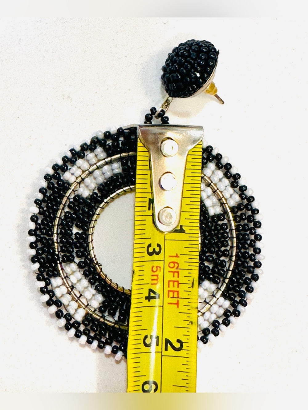 Black White Beaded Statement Earrings Oversized Boho Hoop Dangle - Picture 7 of 7